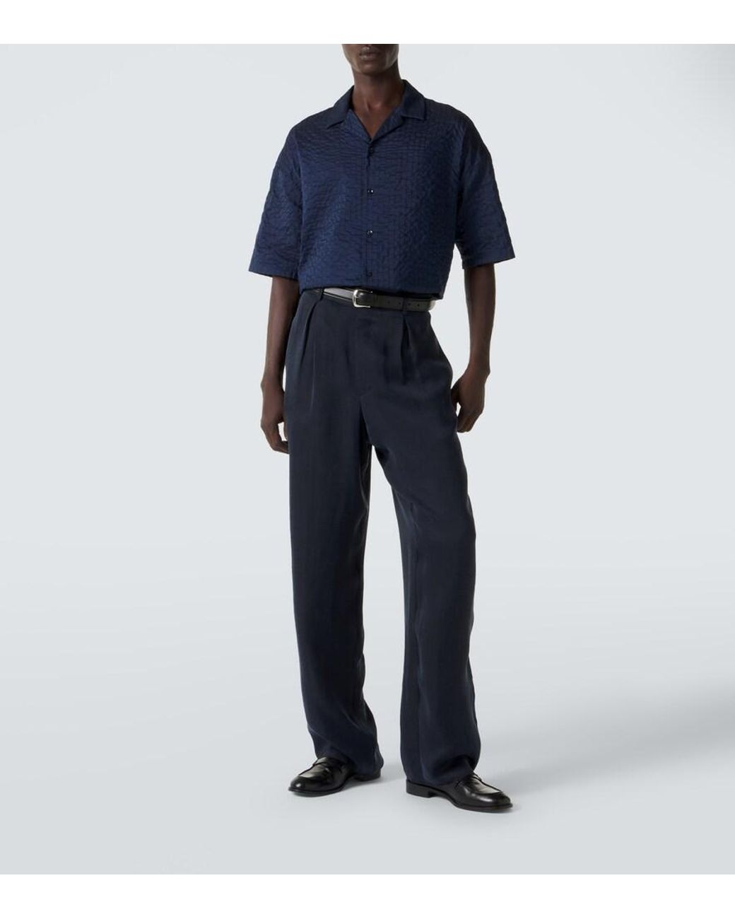 Giorgio Armani Blue Pleated Satin Wide-Leg Pants for men