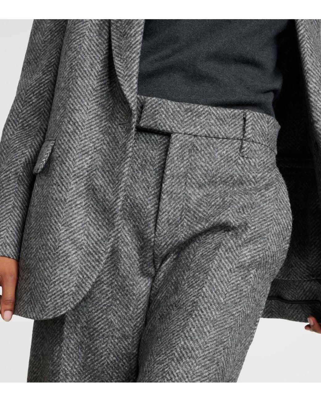 Brunello Cucinelli Gray Herringbone Wool-Blend Flared Pants
