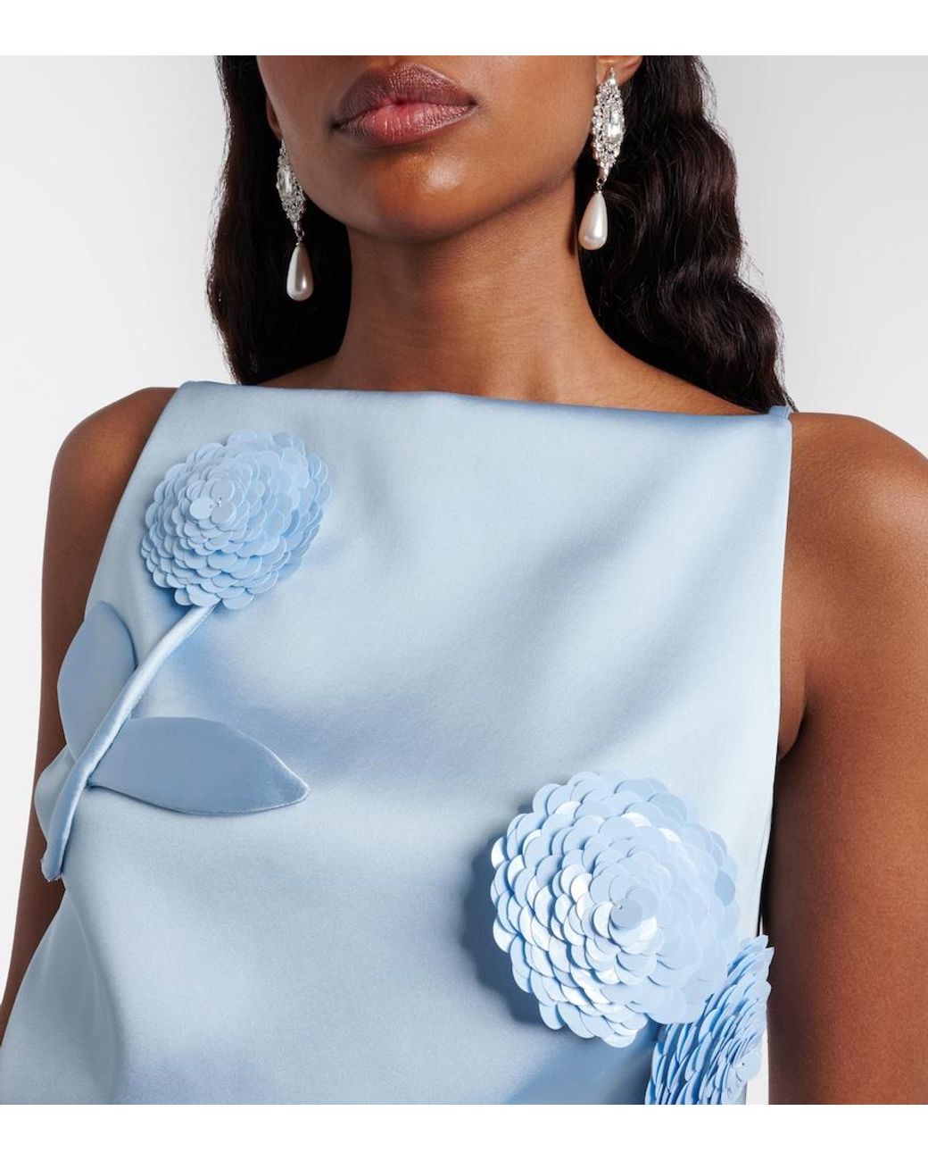 Self-Portrait Blue Floral-Applique Sequined Cropped Satin Top