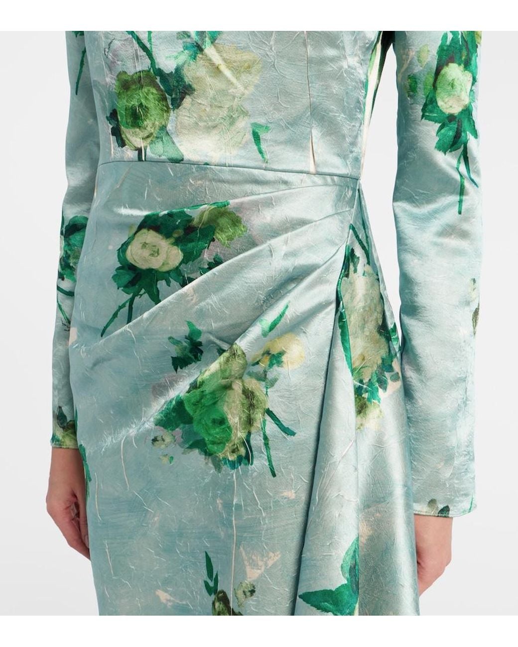 Erdem Green Draped Floral Satin Midi Dress