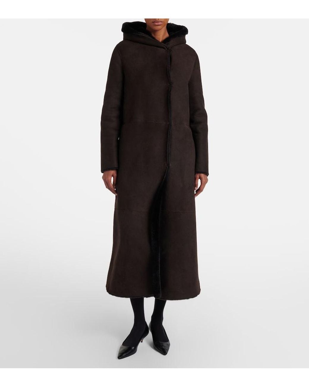 The Row Black Anaya Hooded Shearling-Trimmed Suede Coat