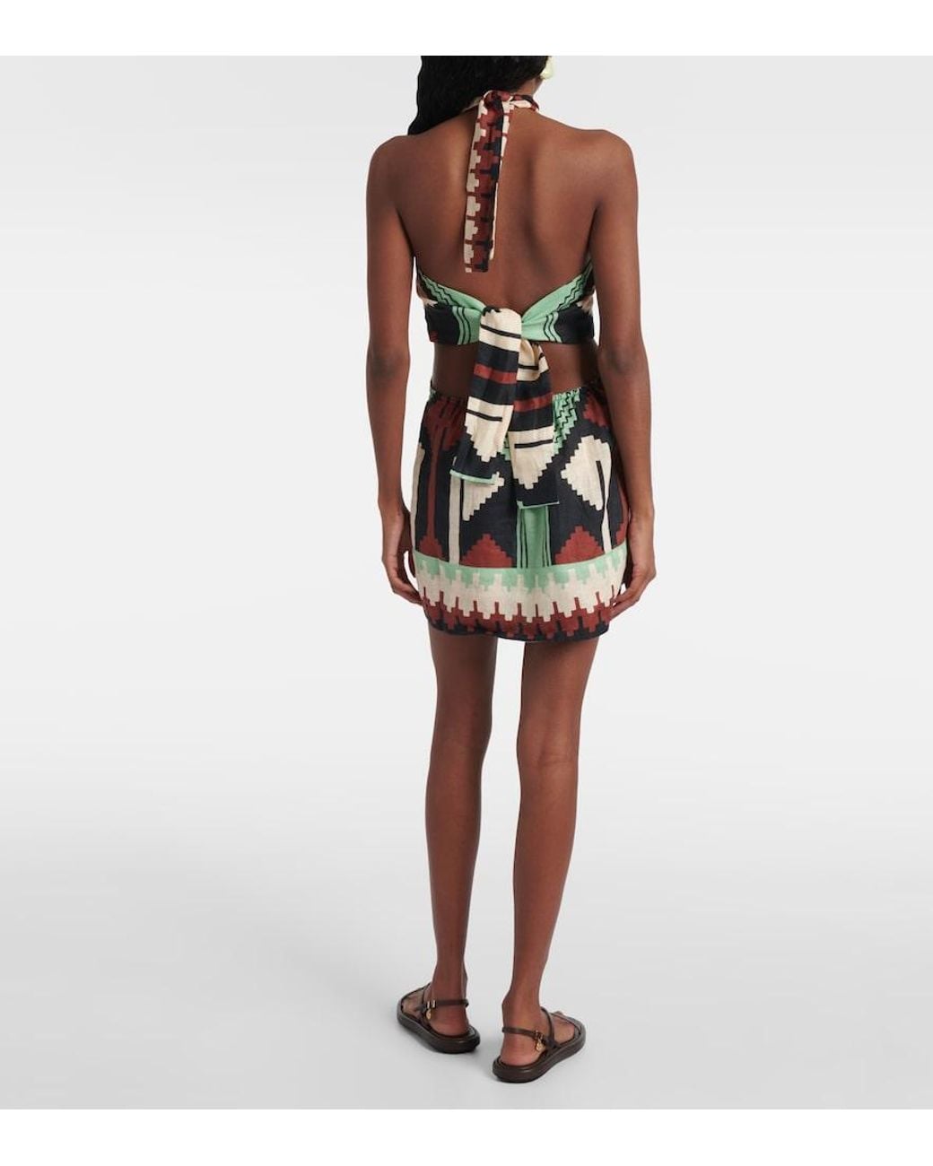 Johanna Ortiz Green Printed Halterneck Linen Minidress