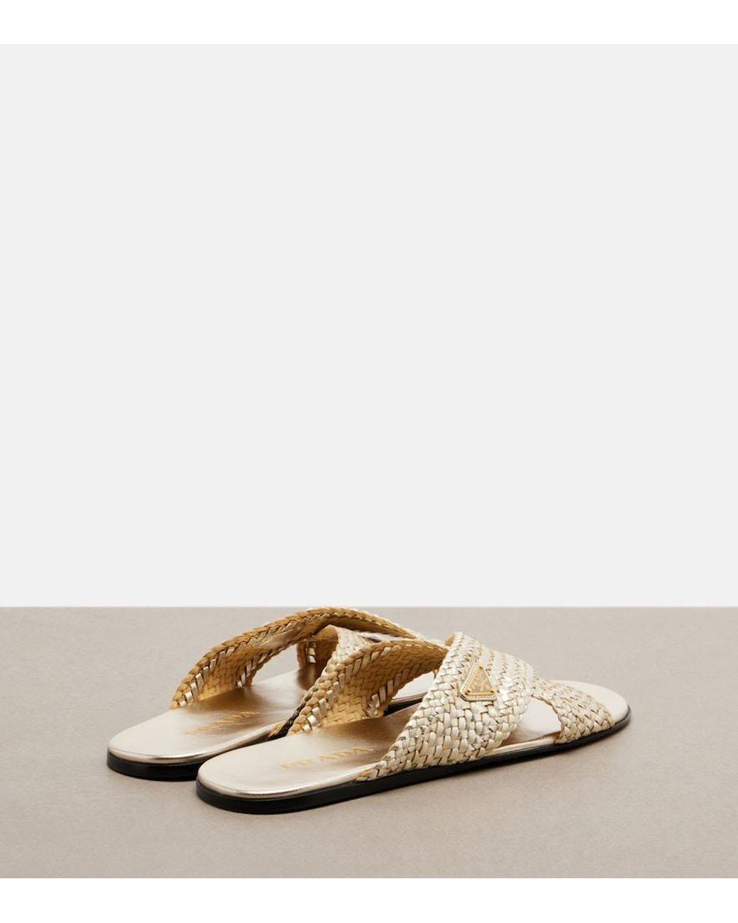 Prada White Woven Leather Slides