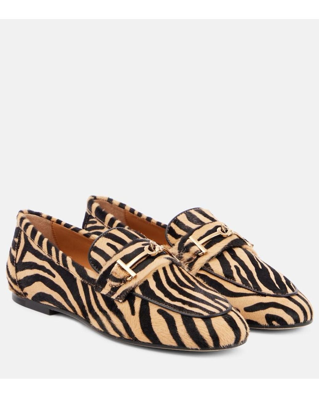 Tod's Brown T Ring Printed Calf Hair Loafers