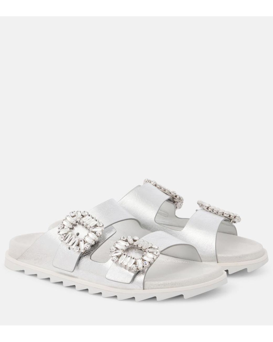 Roger Vivier White Crystal-Embellished Metallic Leather Slides