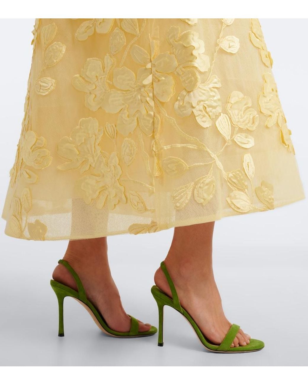 Monique Lhuillier Yellow Floral Tulle Midi Dress