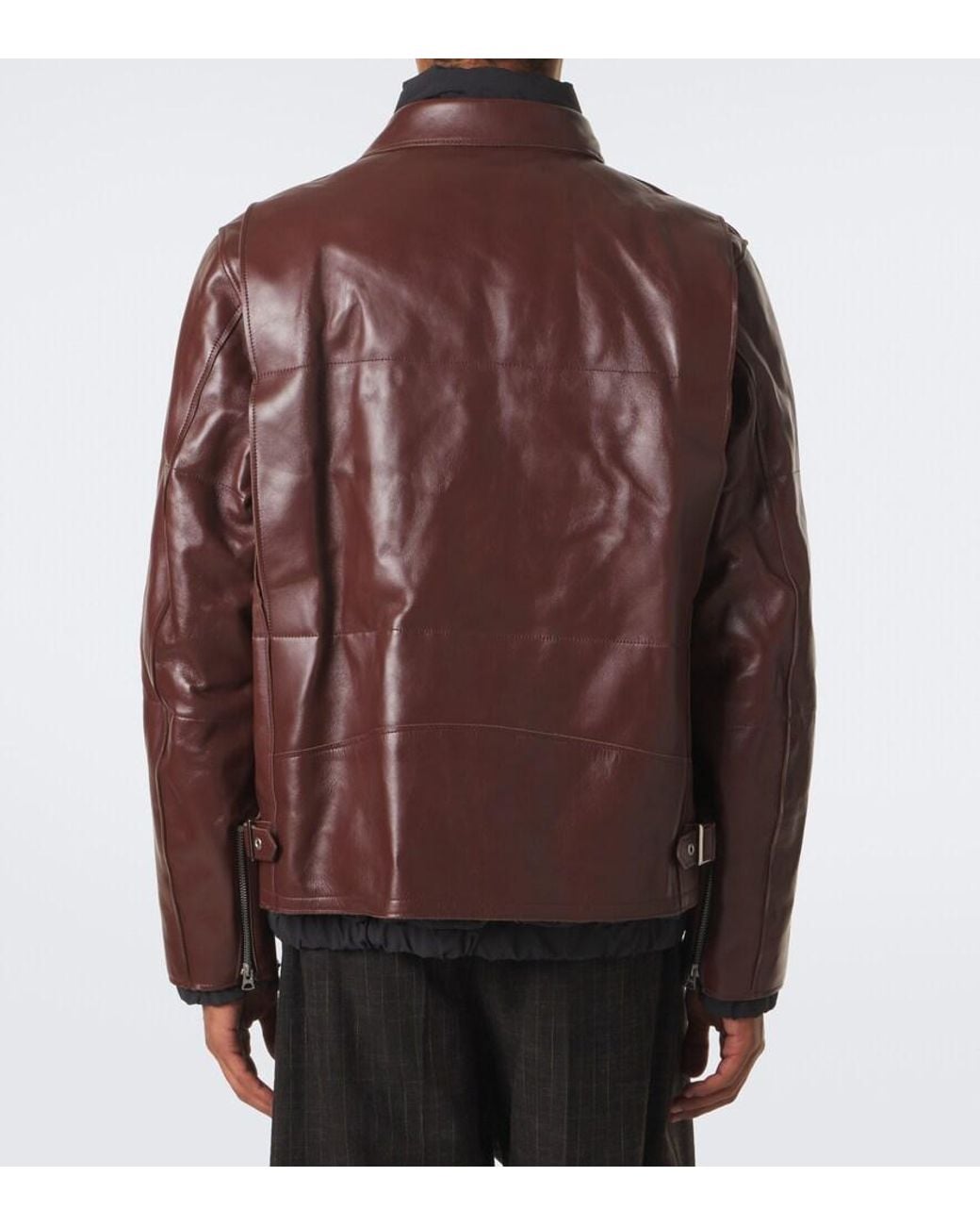 Sacai Brown Layered Leather Down Jacket for men