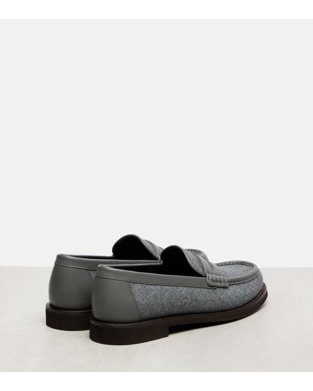 Brunello Cucinelli Gray Monili Leather-Trimmed Loafers