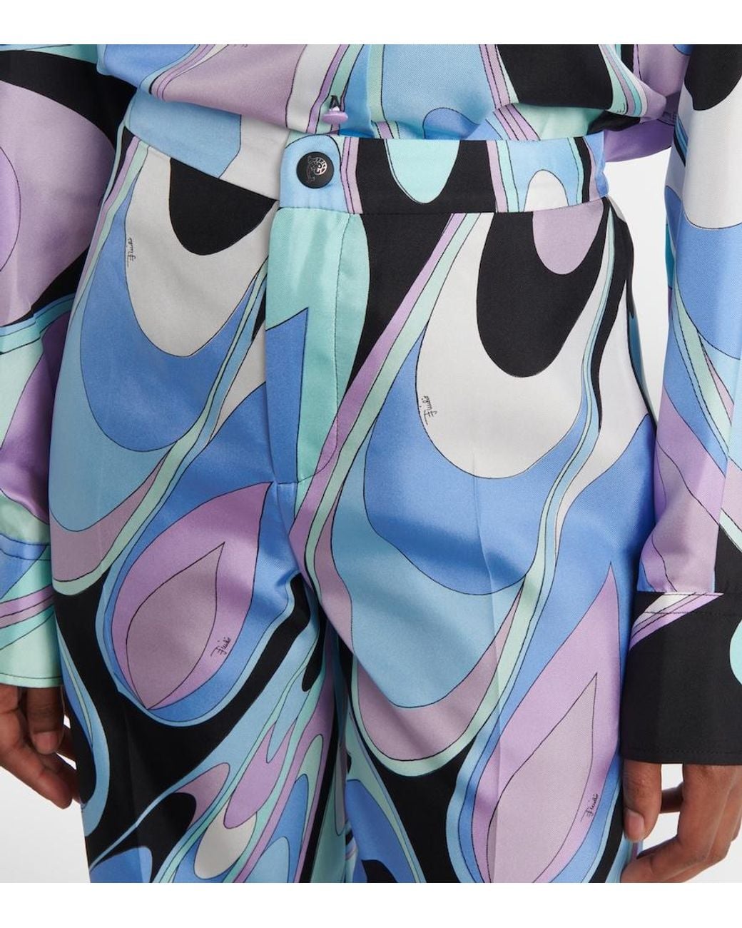 Emilio Pucci Blue Printed Silk Twill Wide-Leg Pants