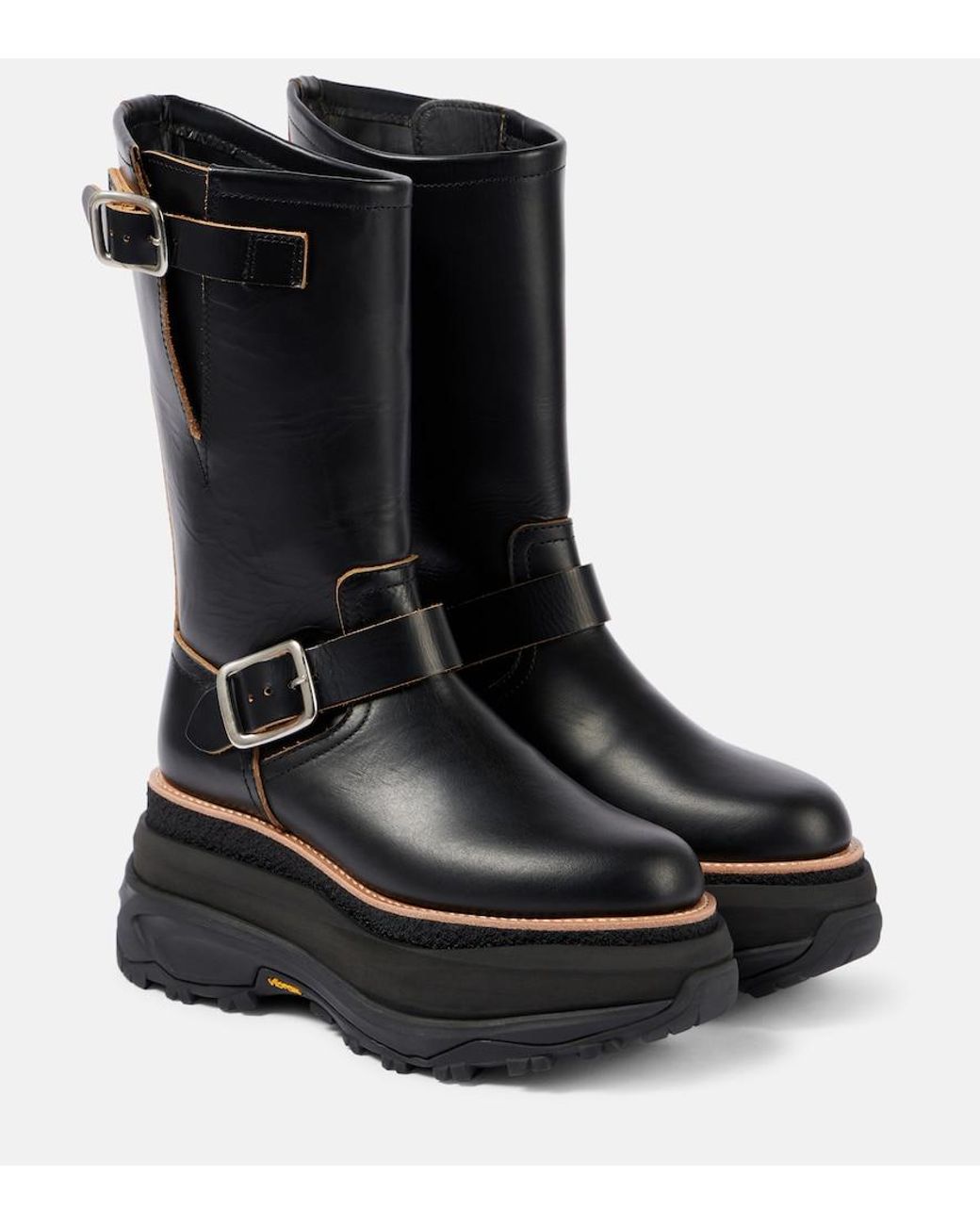 Sacai Black Leather Platform Biker Boots