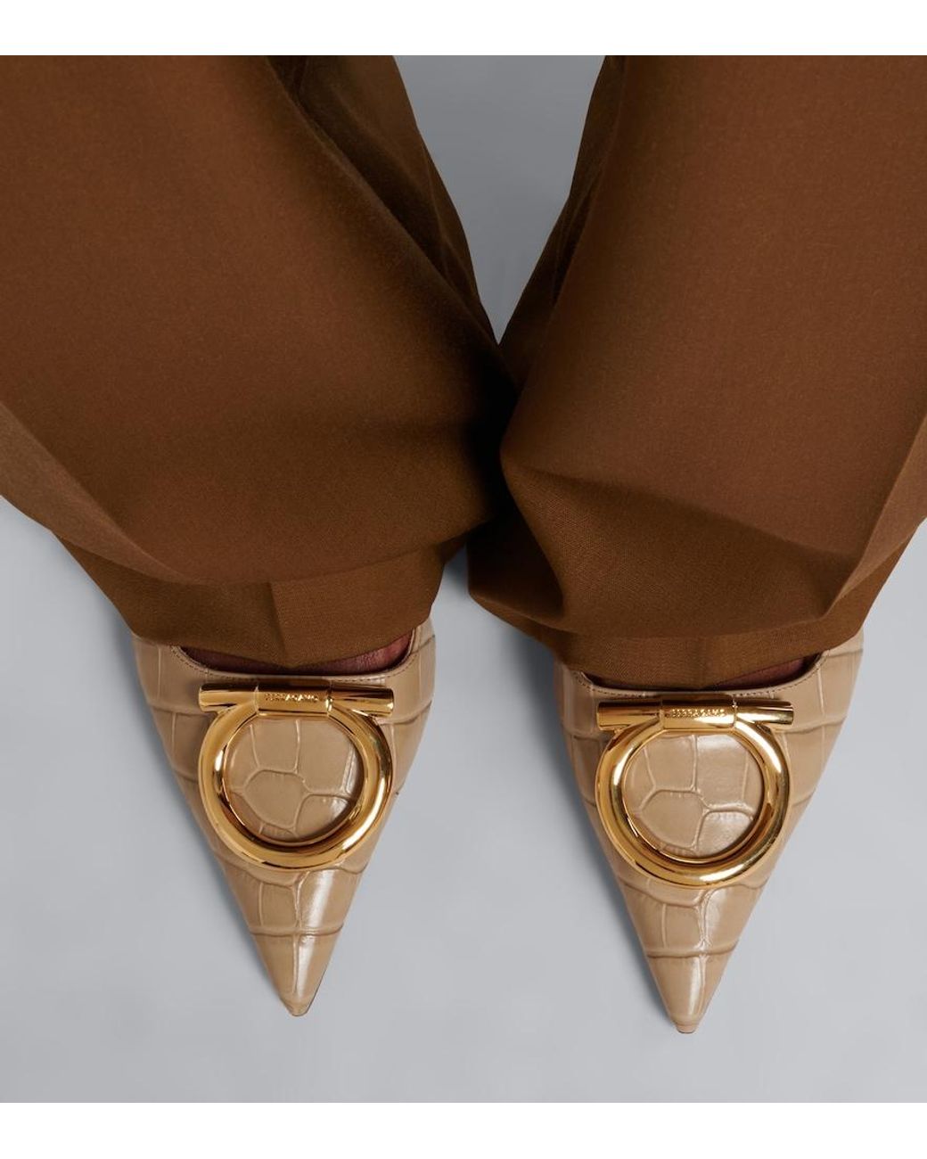 Ferragamo Brown Lara Gancini Croc-Effect Leather Pumps