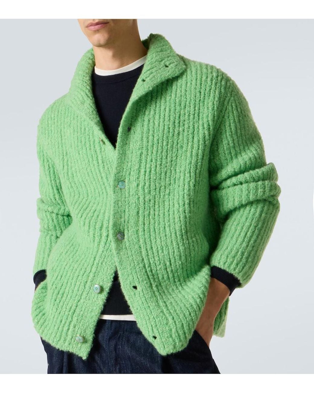 God's True Cashmere Green Ribbed-Knit Cashmere Boucle Cardigan for men