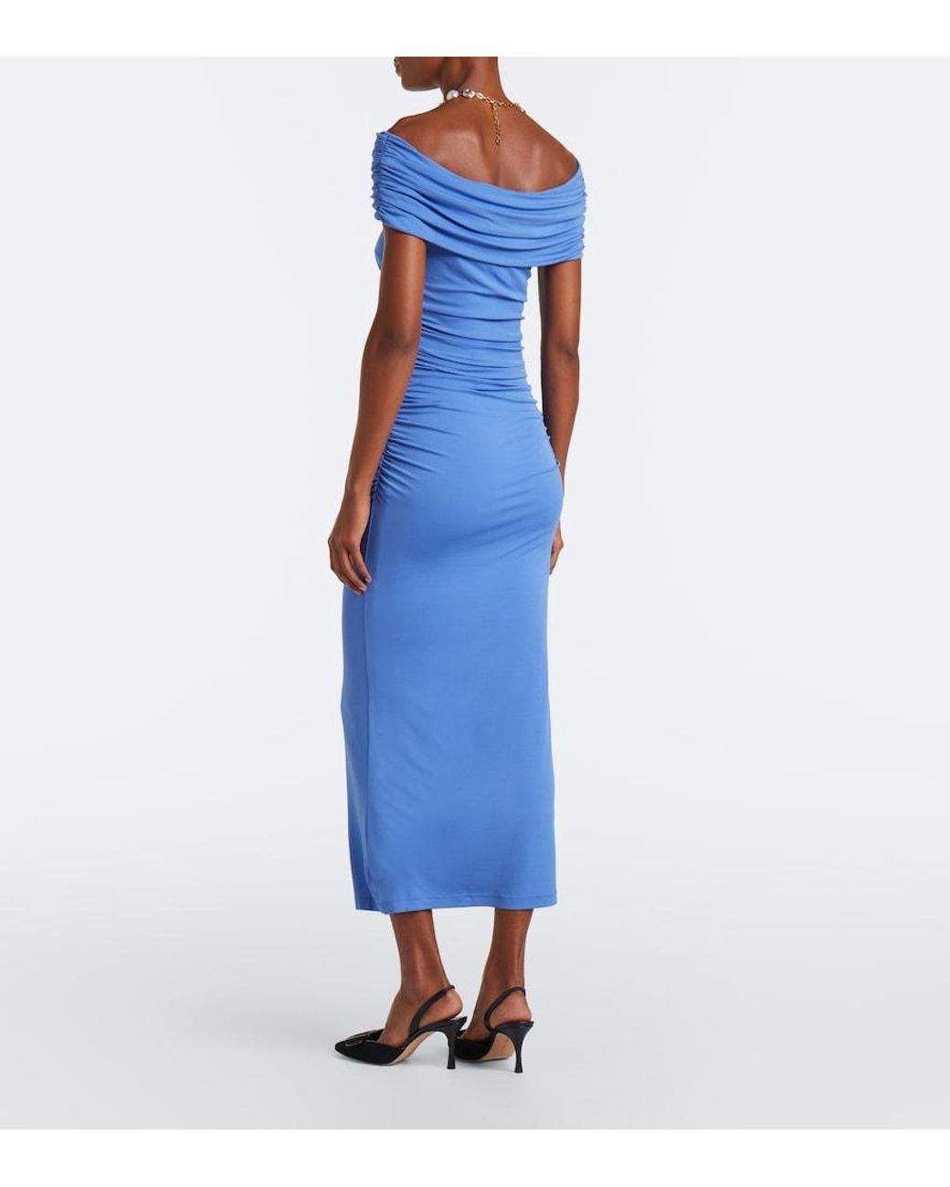 Carolina Herrera Blue Ruched Off-Shoulder Jersey Midi Dress