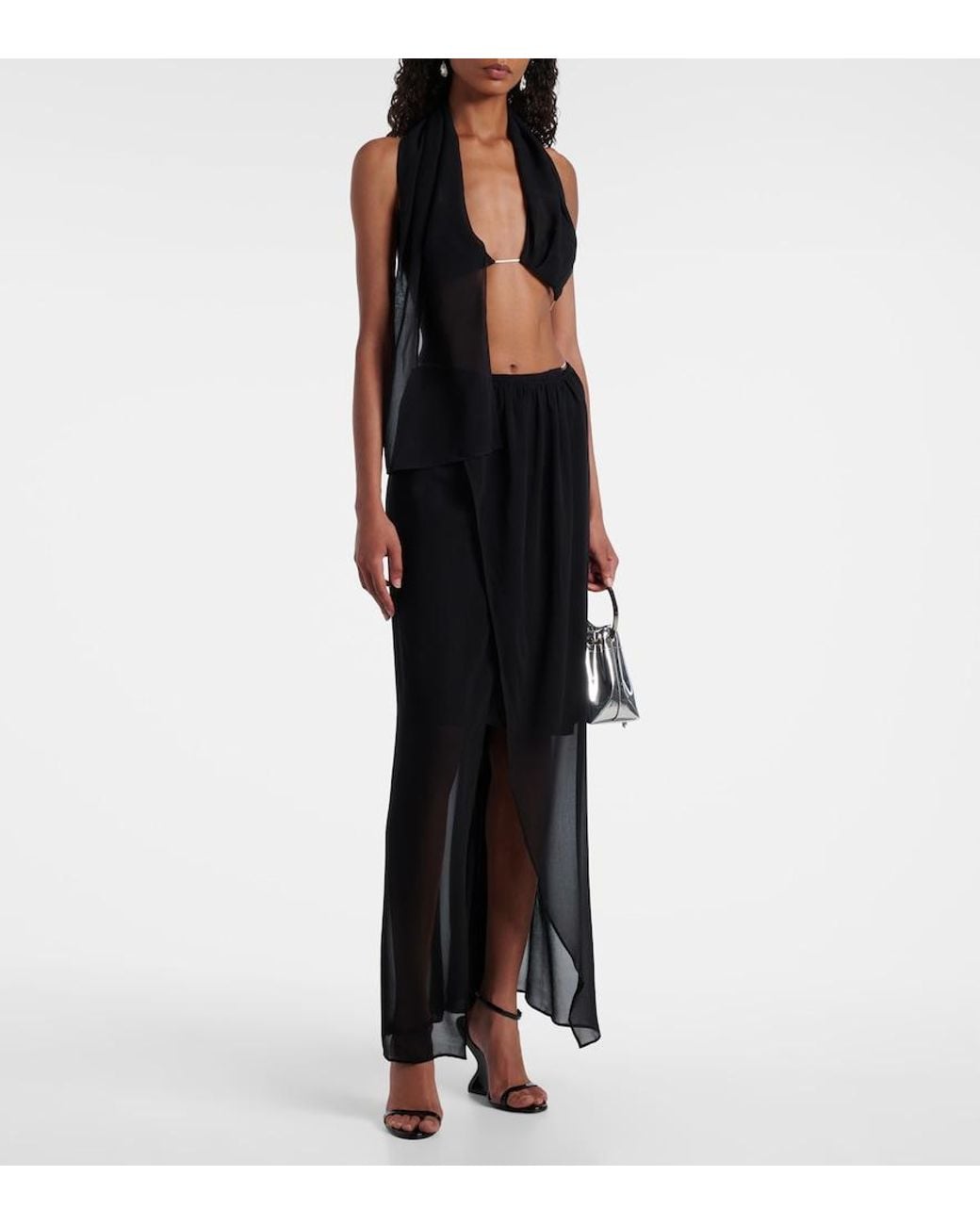 Christopher Esber Black Chain-Detail Silk Georgette Wrap Skirt