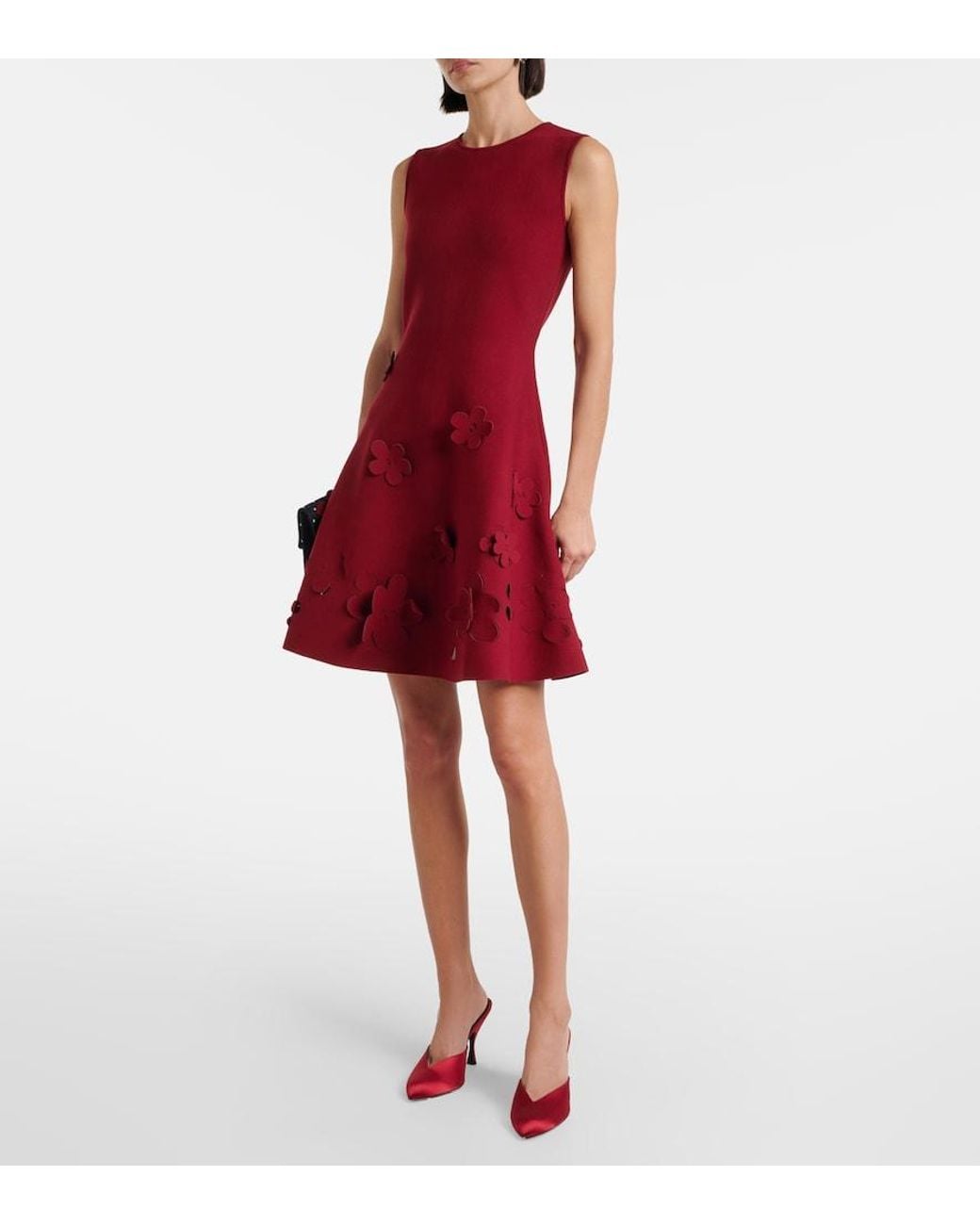 Oscar de la Renta Red Floral Knitted Minidress