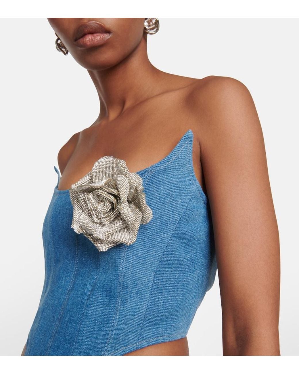 GIUSEPPE DI MORABITO Blue Floral-Applique Denim Bustier