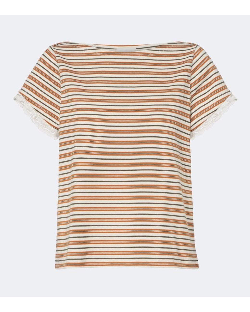 Posse White Maeve Lace-Trimmed Striped Cotton T-Shirt