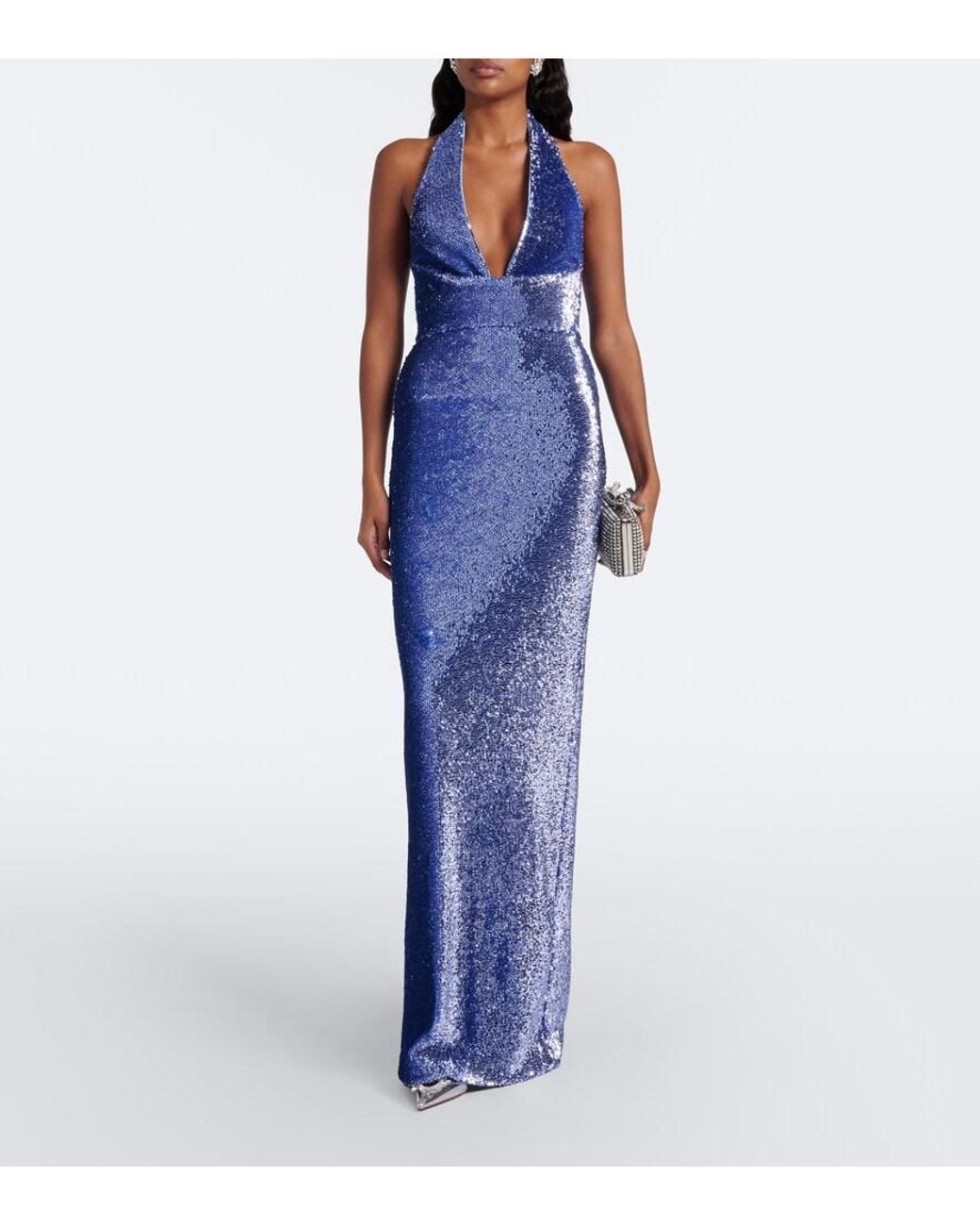 Rebecca Vallance Blue Cambridge Sequined Halterneck Gown