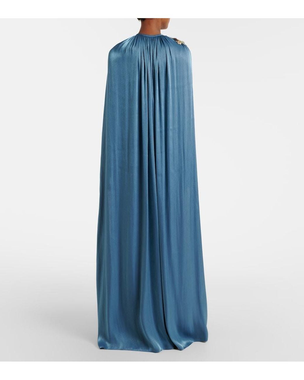 Costarellos Blue Embellished Pleated Caped Bustier Gown