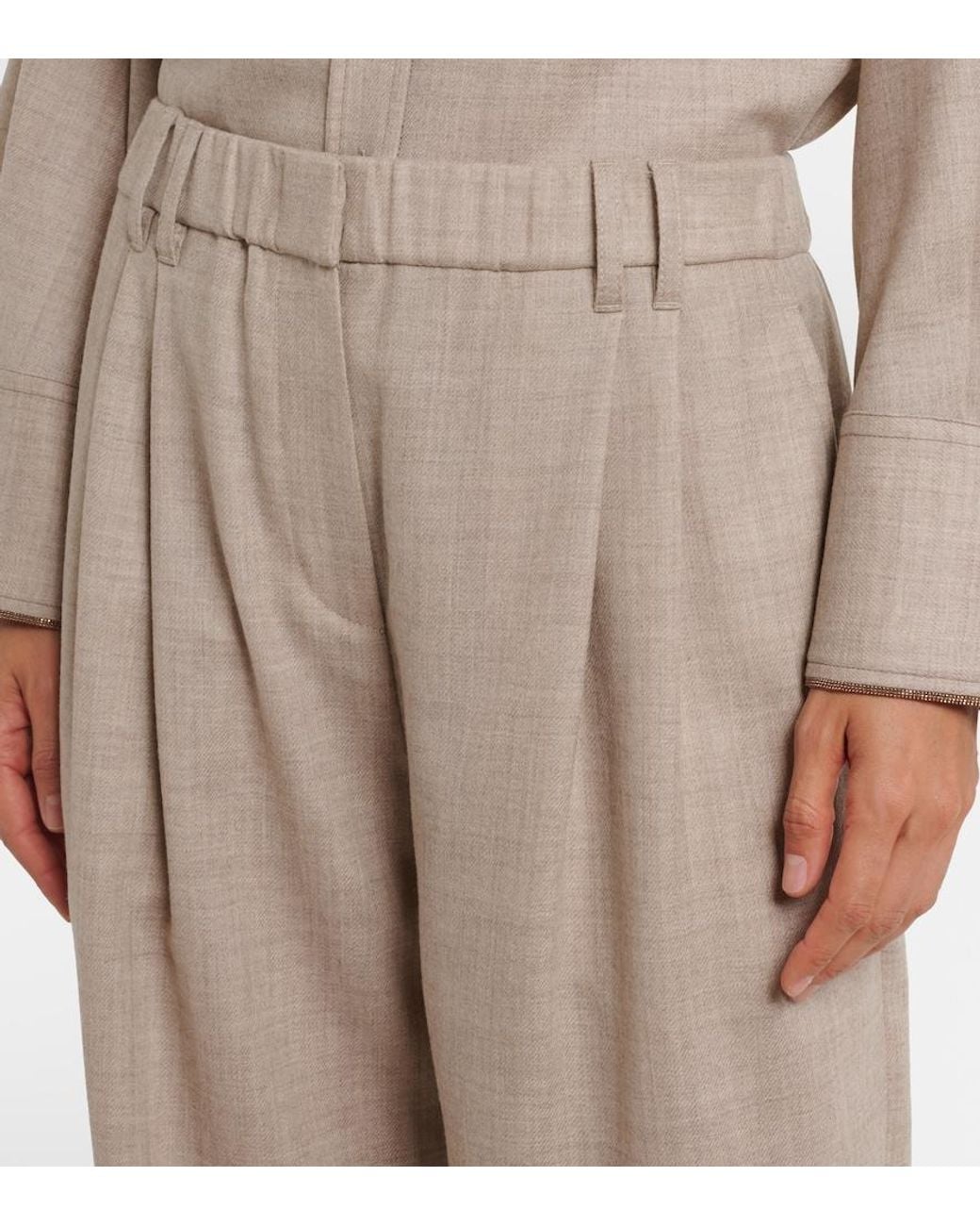 Brunello Cucinelli Natural Monili Virgin Wool Wide-Leg Pants