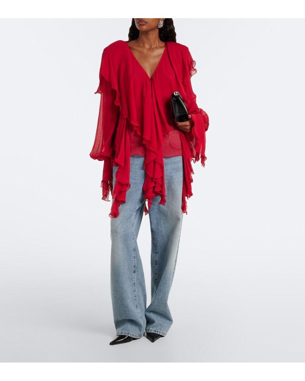 Blumarine Red Ruffled Crepe Blouse