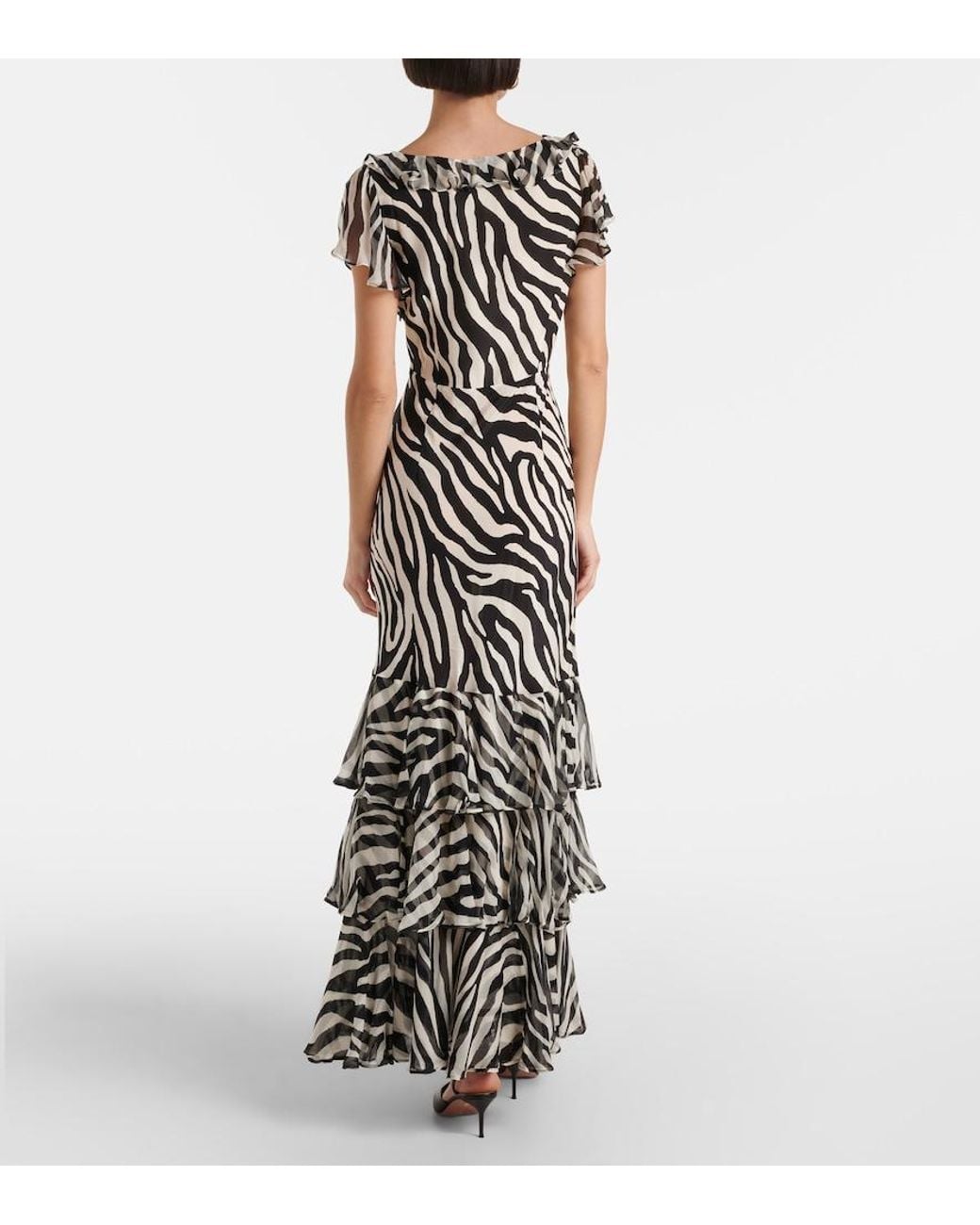 Rixo White Amelle Zebra-Print Ruffled Silk Maxi Dress
