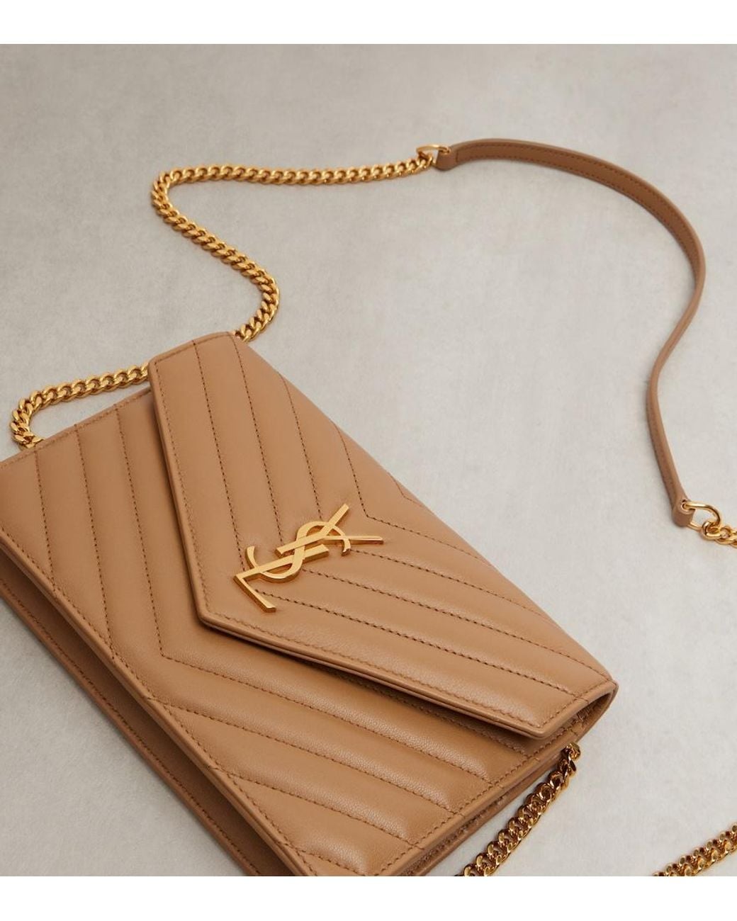 Saint Laurent Brown Cassandre Envelope Matelasse Leather Wallet On Chain
