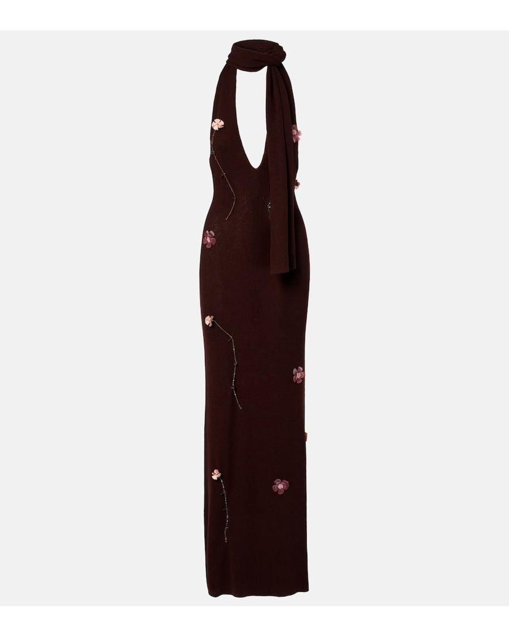 AYA MUSE Purple Stem Floral-Applique Knitted Maxi Dress