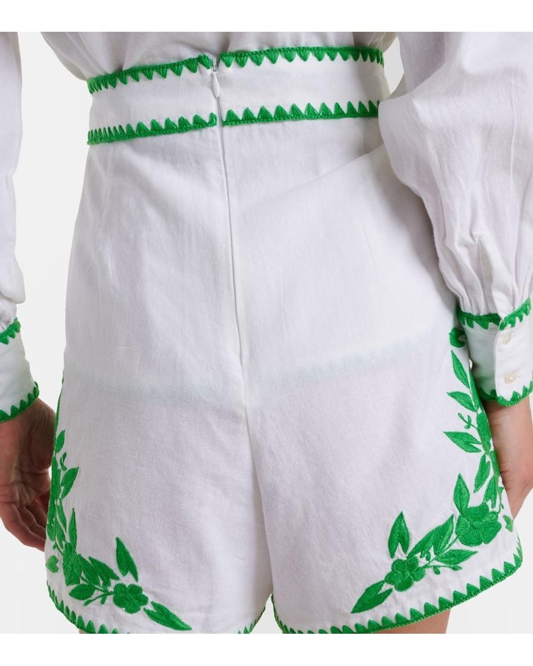 Juliet Dunn Green Embroidered Cotton And Linen Shorts