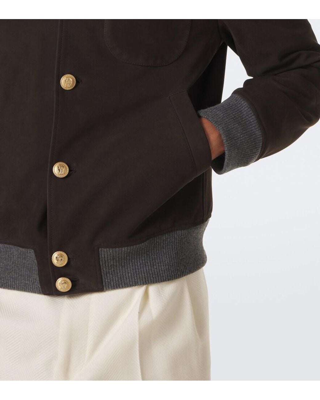 Brunello Cucinelli Black Cashmere-Trimmed Leather Blouson Jacket for men