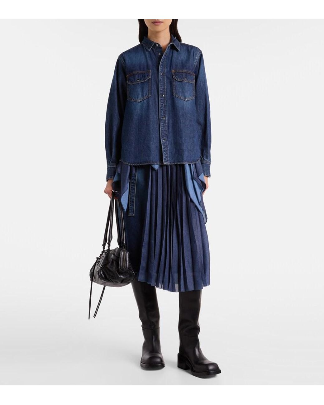 Sacai Blue Pleated Denim Midi Skirt