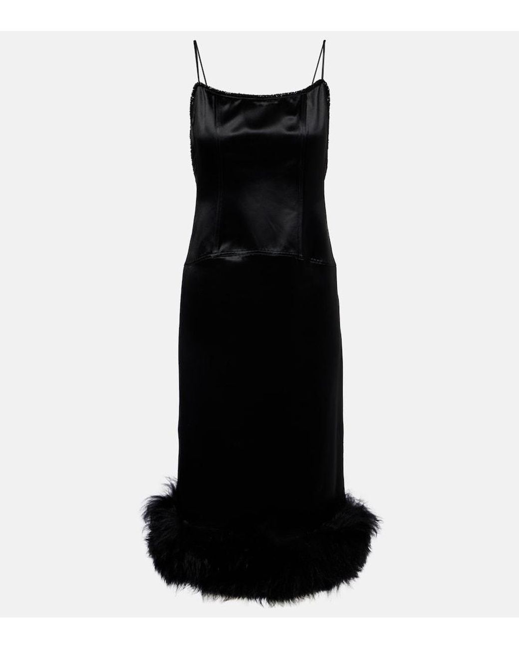 JACQUES WEI Black Shearling-Trimmed Satin Slip Dress