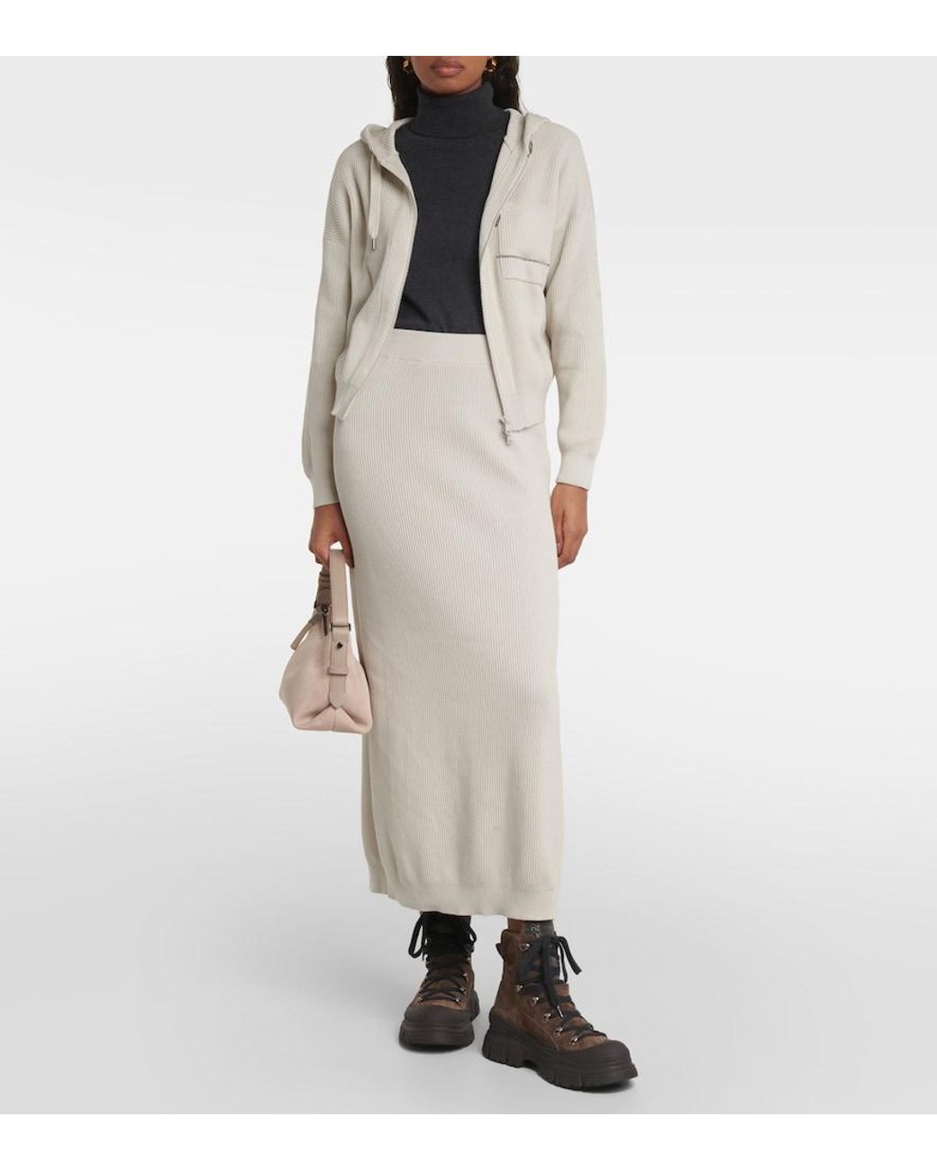 Brunello Cucinelli White Ribbed-Knit Cotton Midi Skirt