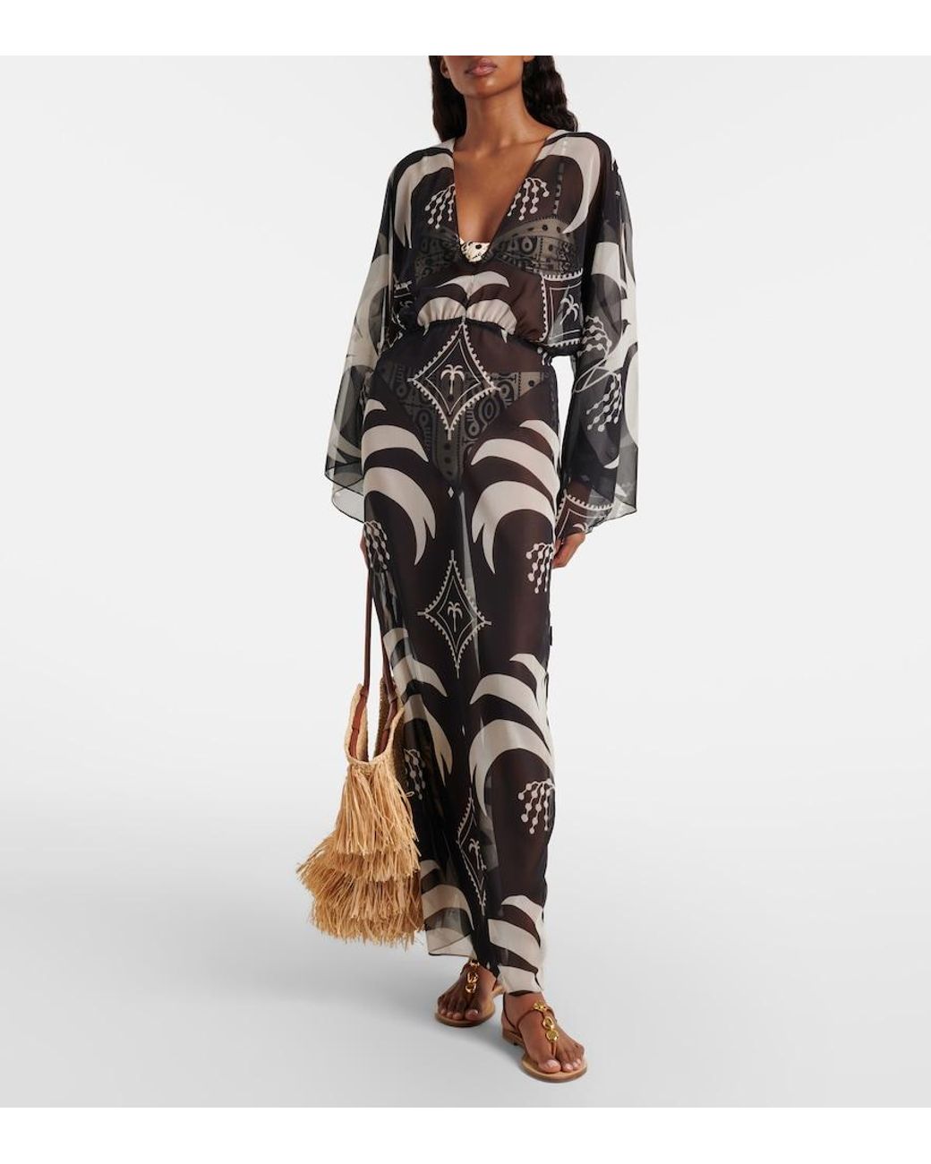 Johanna Ortiz Gray Printed Sheer Beach Cover-Up