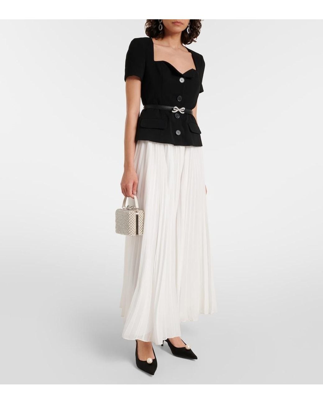 Self-Portrait White Belted Pleated Chiffon Maxi Dress