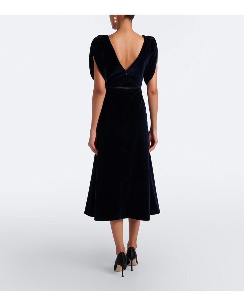 Erdem Blue Embellished Cotton Velvet Midi Dress