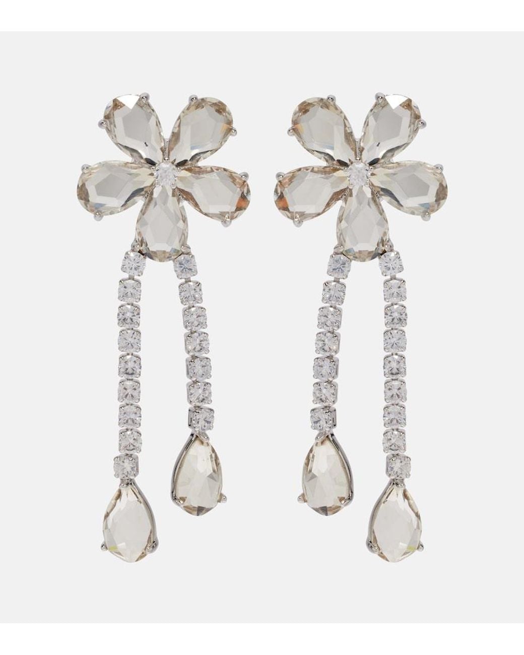 Self-Portrait White Crystal-Embellished Floral Drop Earrings