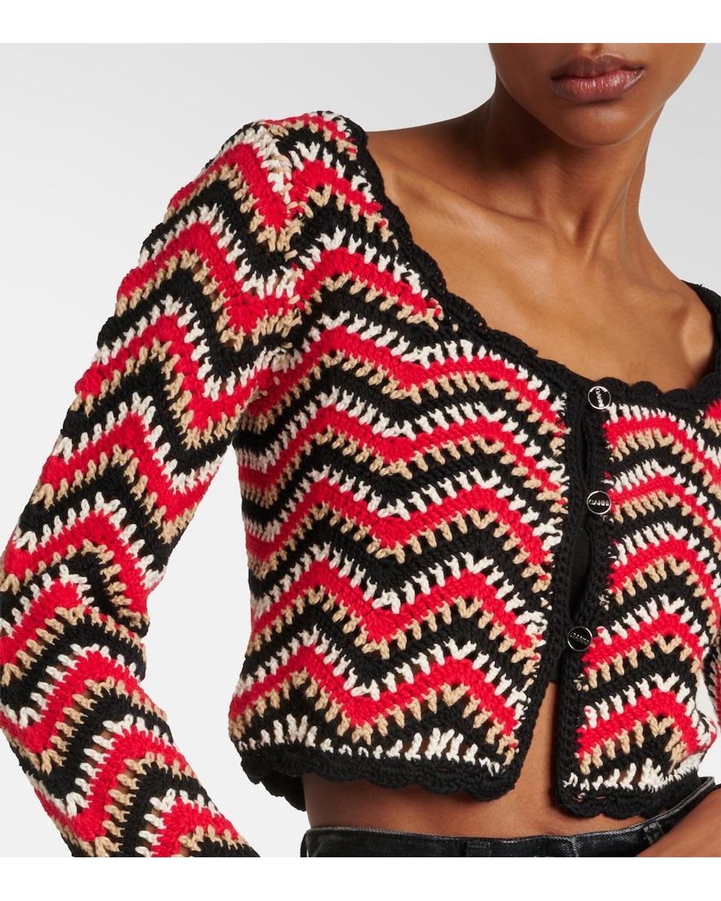 Ganni Red Crochet Cotton Cardigan