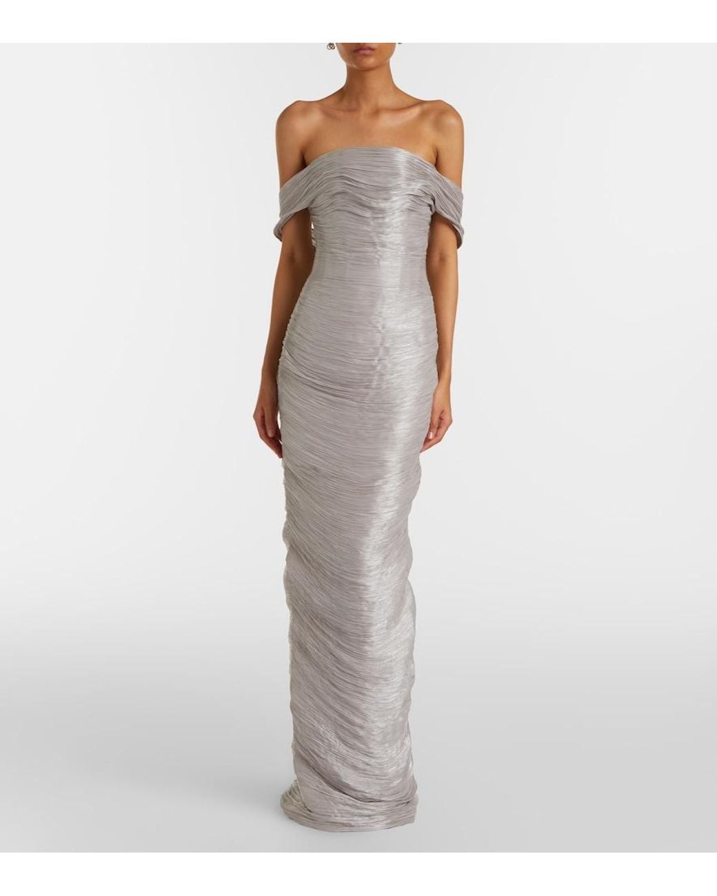 Marmar Halim White Off-Shoulder Pleated Bustier Gown