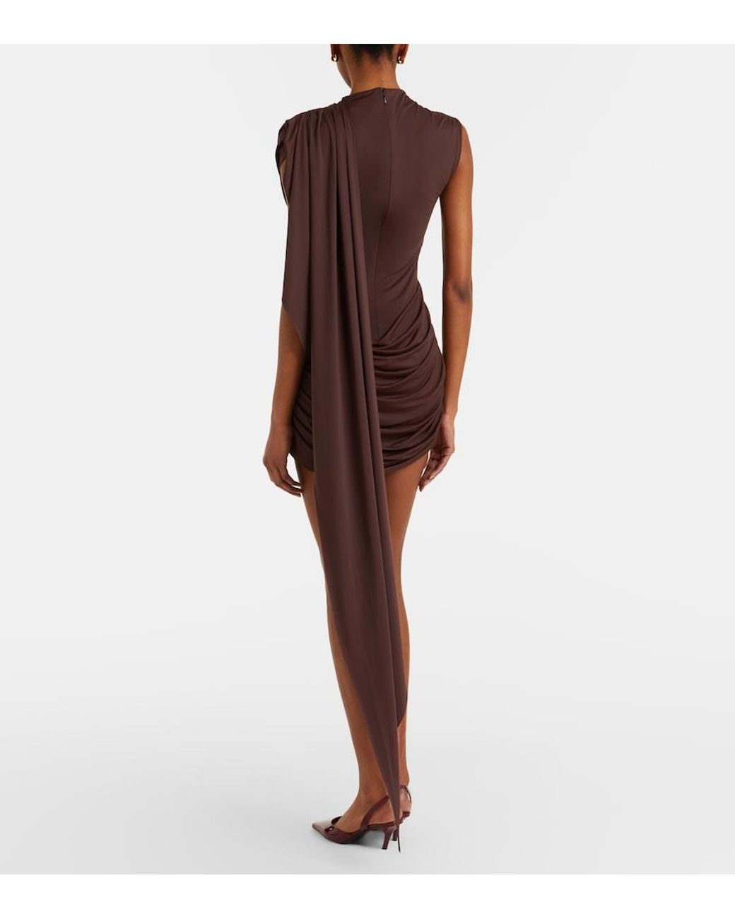 De La Vali Brown Draped Caped Jersey Minidress