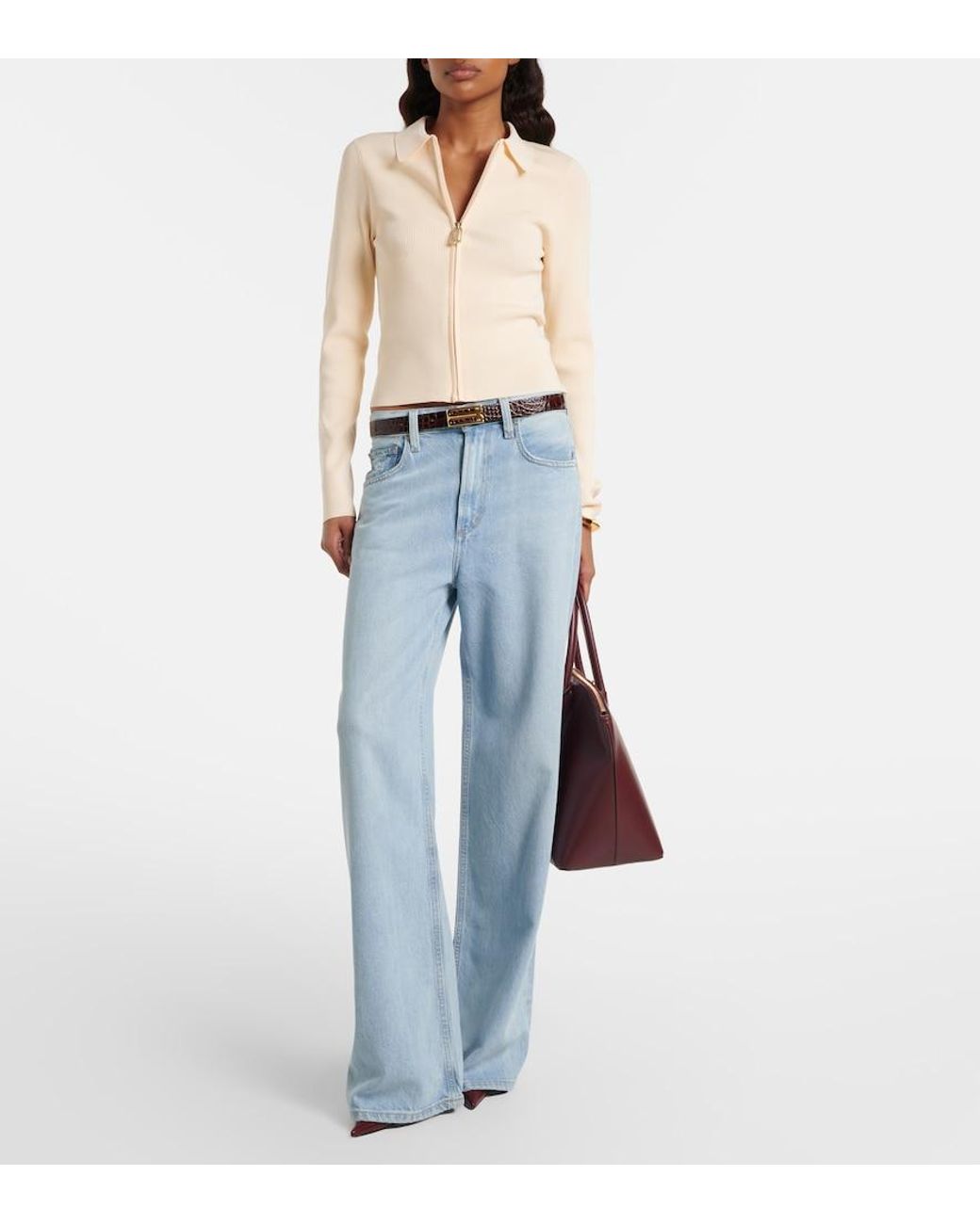 Victoria Beckham Natural Mila Ribbed-Knit Zip-Up Top