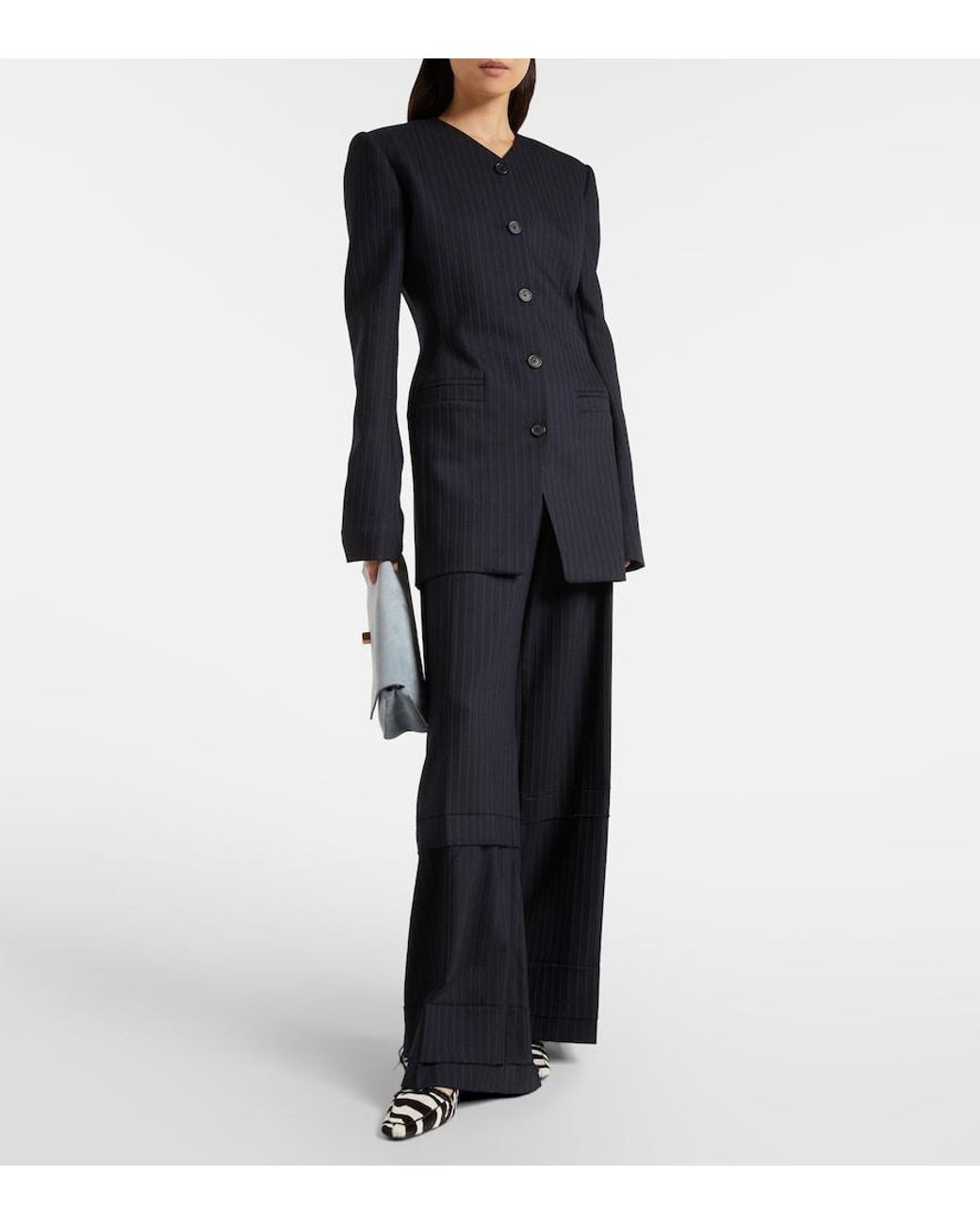 Khaite Blue Linden Pinstripe High-Rise Wide-Leg Pants