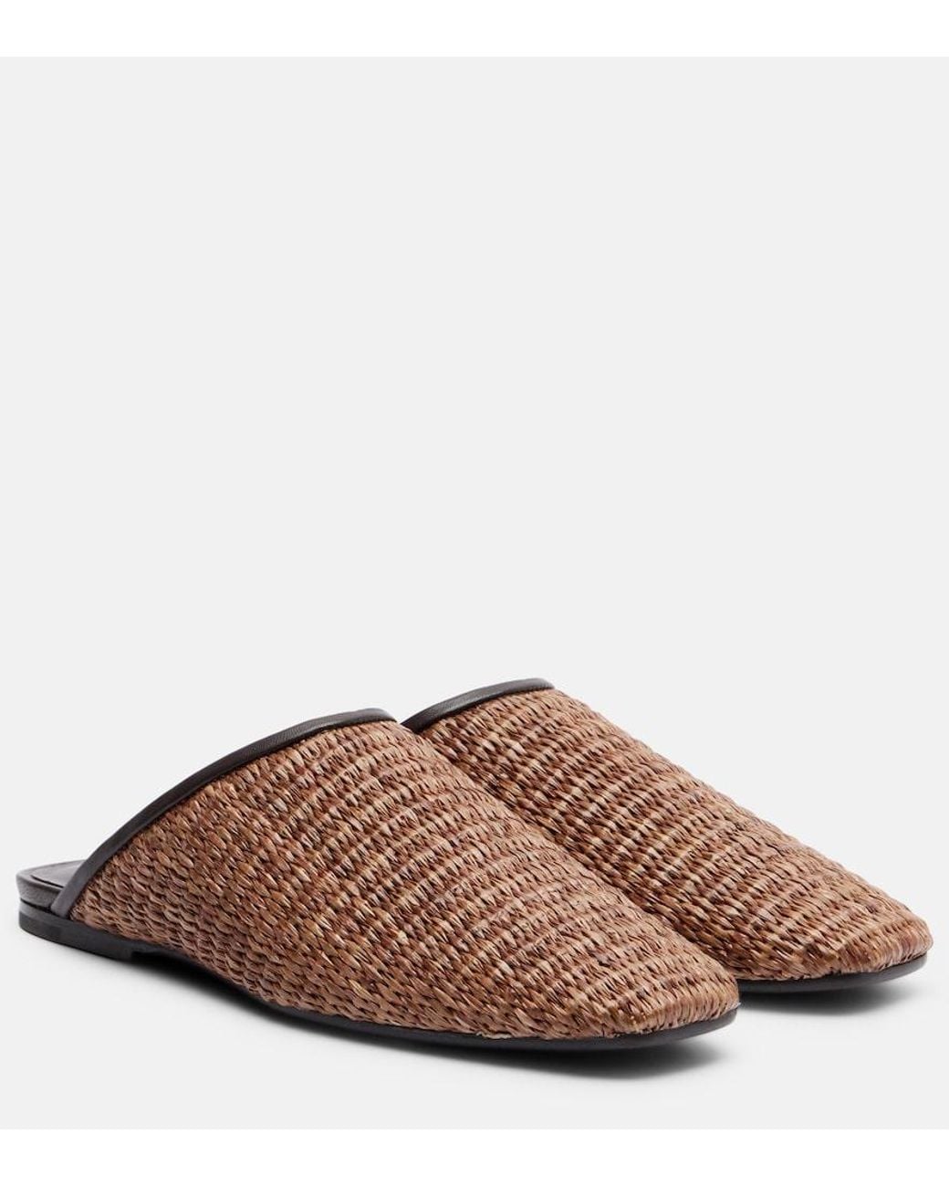 Brunello Cucinelli Brown Leather-Trimmed Raffia Mules