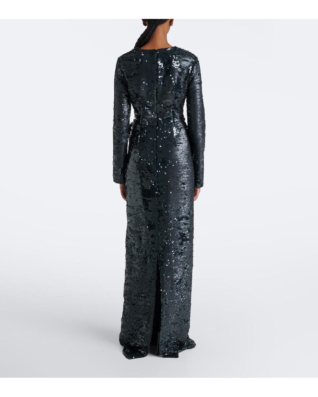 Erdem Black Draped Floral-Applique Sequined Gown