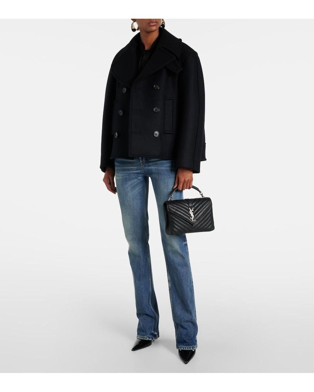 Saint Laurent Black College Medium Chain Quilted Textured-leather Shoulder Bag