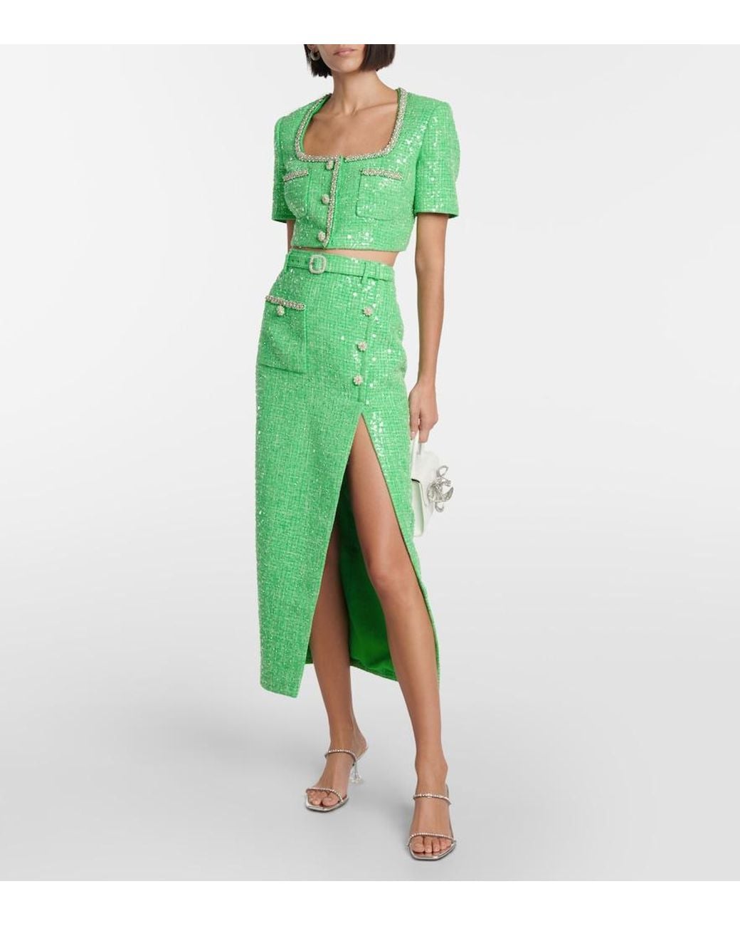 Self-Portrait Green Sequined Embellished Boucle Crop Top