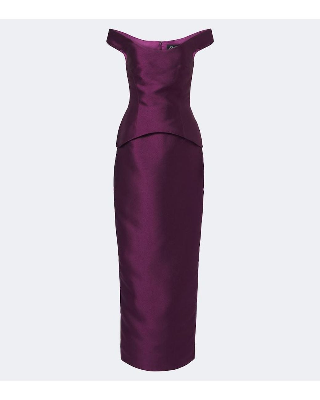 Solace London Purple Pieta Off-Shoulder Peplum Satin Gown