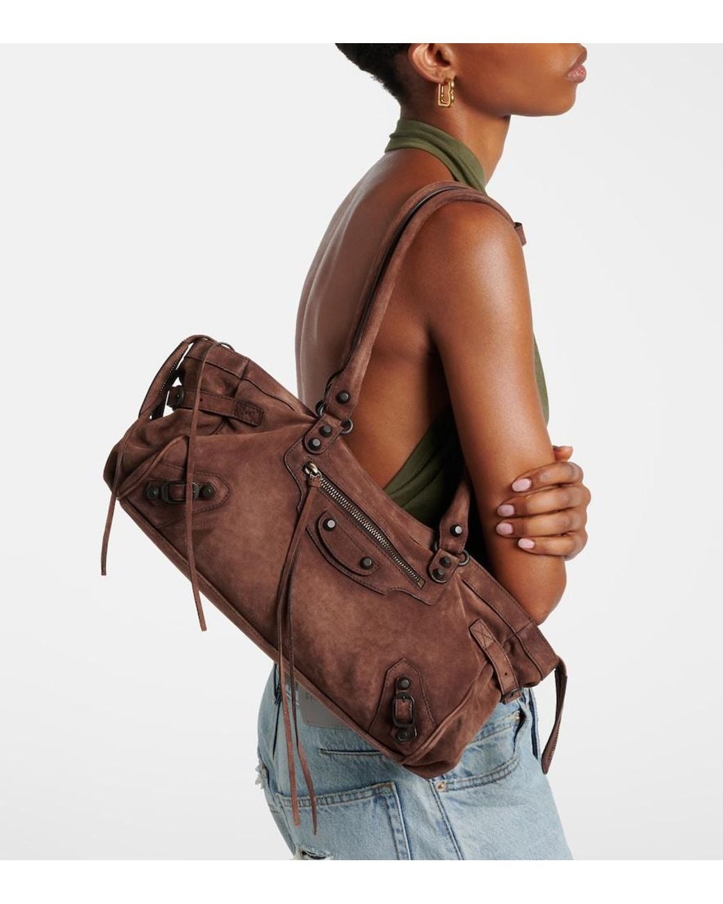 Balenciaga Brown Le City East-West Small Suede Shoulder Bag