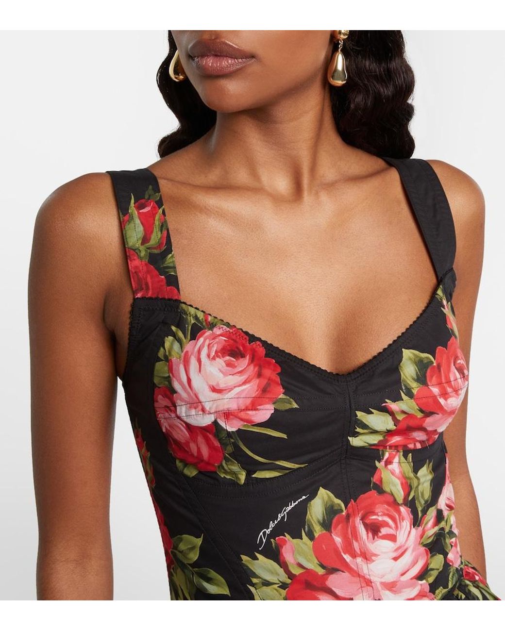 Dolce & Gabbana Red Floral Cotton-Blend Bustier Top