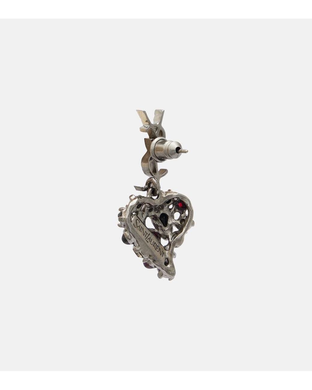 Saint Laurent White Cassandre Embellished Drop Earrings